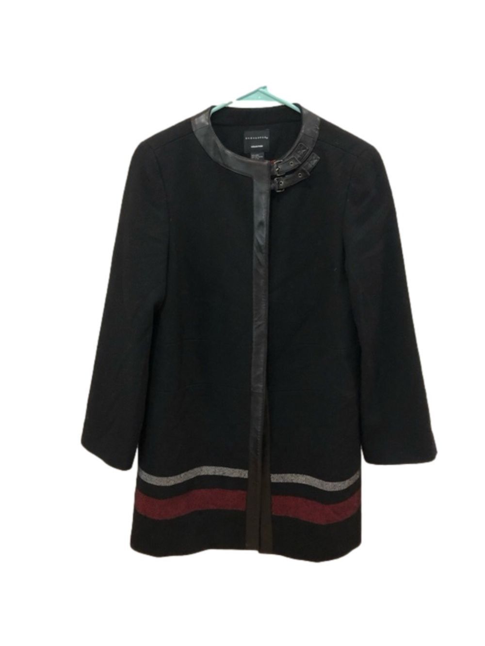 KNEE length wool blend coat with leather trim from Doncaster Collection. Size 12